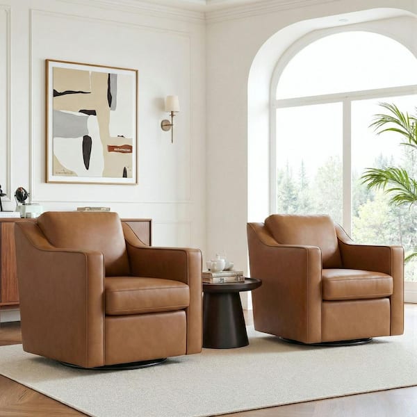 Uixe Modern Brown Faux Leather Upholstered Swivel Accent Barrel