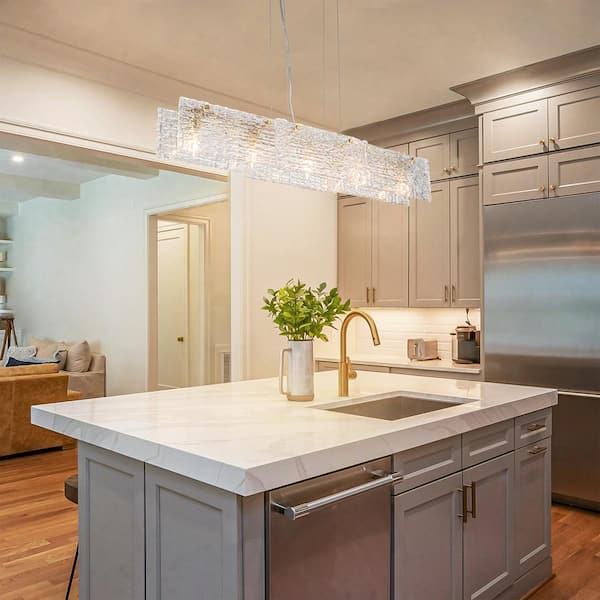 GoYeel 5-Light Gold Modern/Contemporary Linear Art Glass Kitchen Island Light Textured Glass Hanging Pendant Light