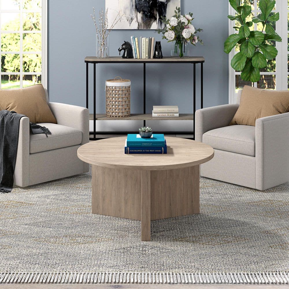 Antiqued Gray Oak Round Wood Coffee Table, 32"