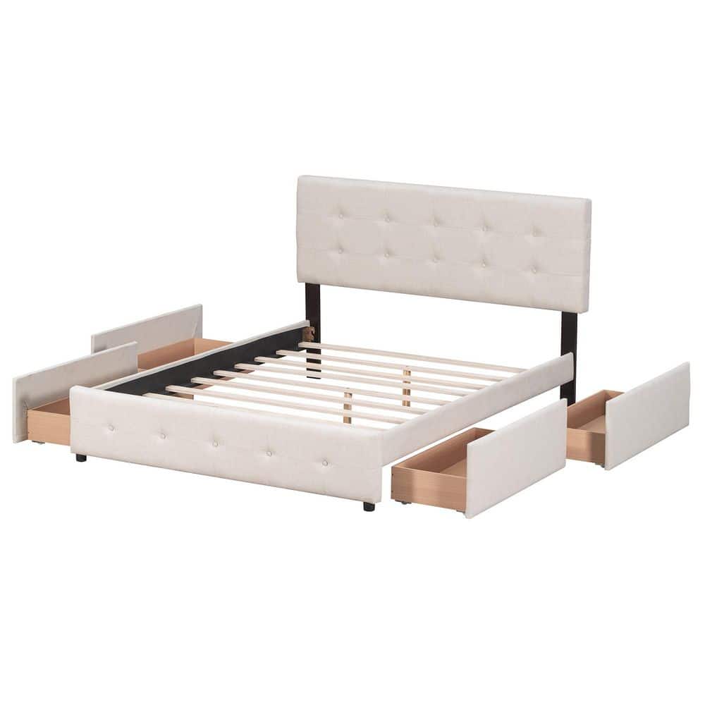 Beige Linen Upholstered Wood Frame Queen Size Platform Bed with 4-Drawers - thumbnail 5