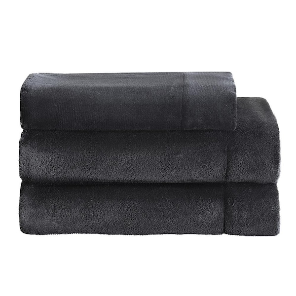 JUICY COUTURE 3-Piece Black Plush Microfiber Twin Sheet Set