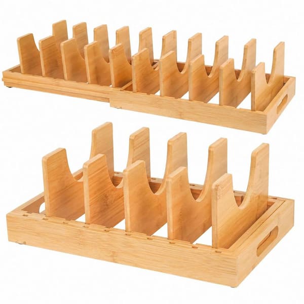 Natural Bamboo Adjustable Pot Lid Organizer Expandable Kitchen Storage Rack for Lids Bakeware Cutting Boards