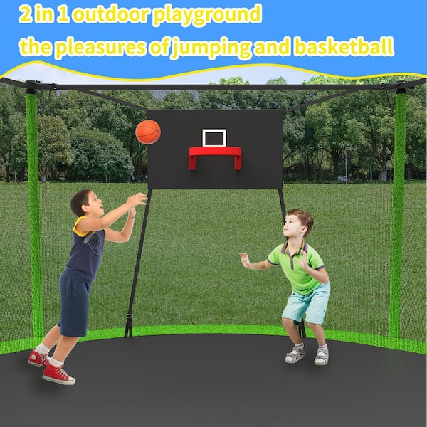 14 FT Large Trampoline with Enclosure Net and Soft Backboard in Green