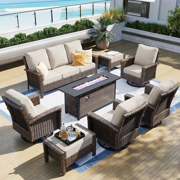 Brown 8-Pieces Metal Patio Rectangle Fire Pit Conversation Set with Swivel Sofa Chairs, Fire Pit Table and Beige Cushion