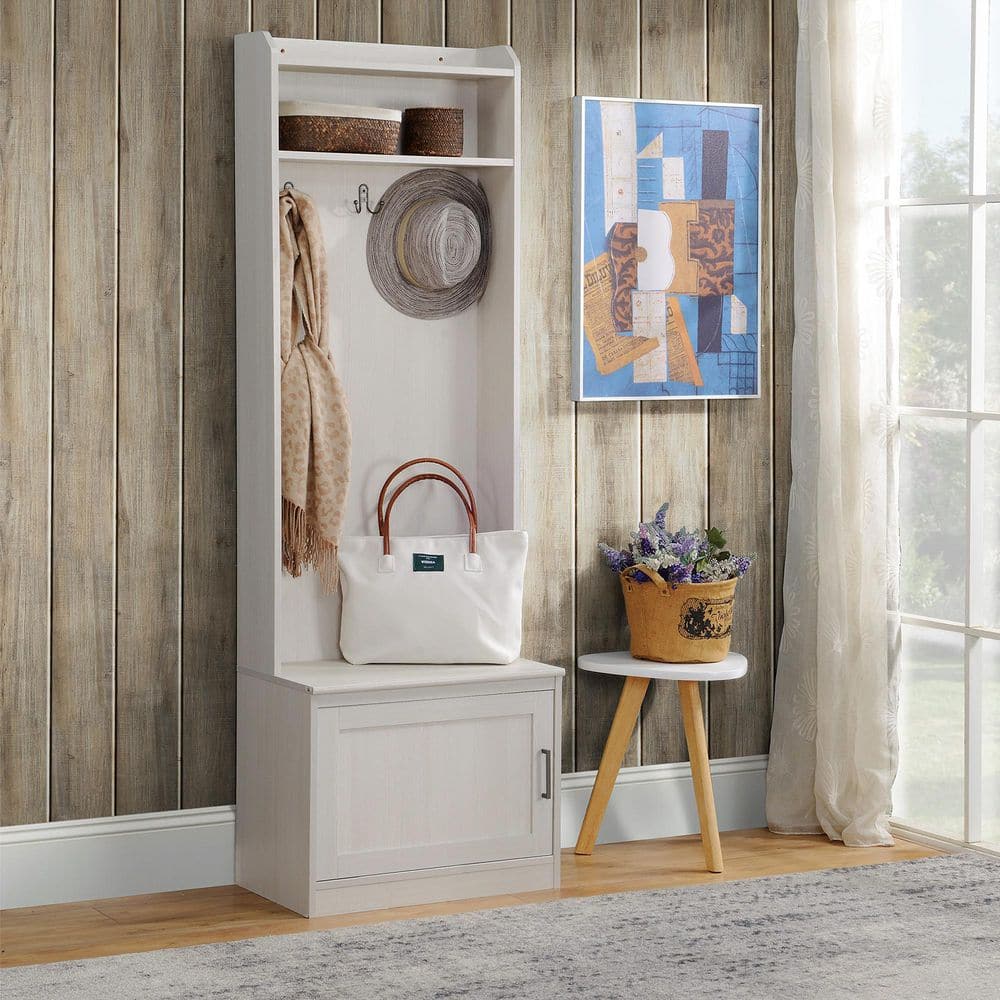 23.5 in. W x 15.25 in. D x 72 in. H White Wood Hall Tree with Coat Rack and