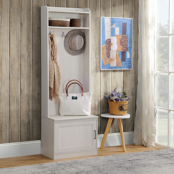Unbranded 23.5 in. W x 15.25 in. D x 72 in. H White Wood Hall Tree with Coat Rack and 3 Hooks for Entryways, Hallways
