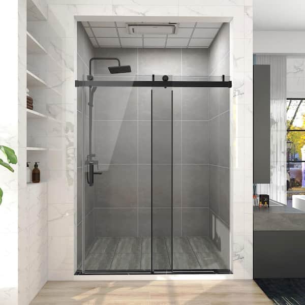 Maincraft 60 in. W x 76 in. H Single Sliding Frameless Corner Shower Enclosure in Matte Black with Clear Glass