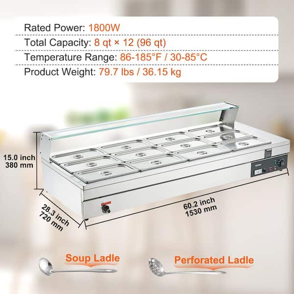 VEVOR 12-Pan Commercial Food Warmer 96 qt. Electric Steam Table 1800-Watt  Countertop Stainless Steel Buffet Bain Marie B128QT1800W12Q1Z1V1 - The Home