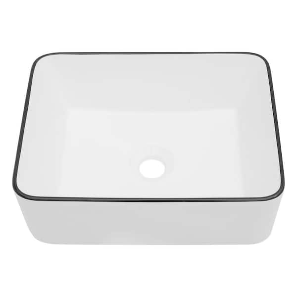 Logmey 19 in. Rectangle White Ceramic Vessel Sink with Black Rim Above Counter Bathroom Sink Faucet