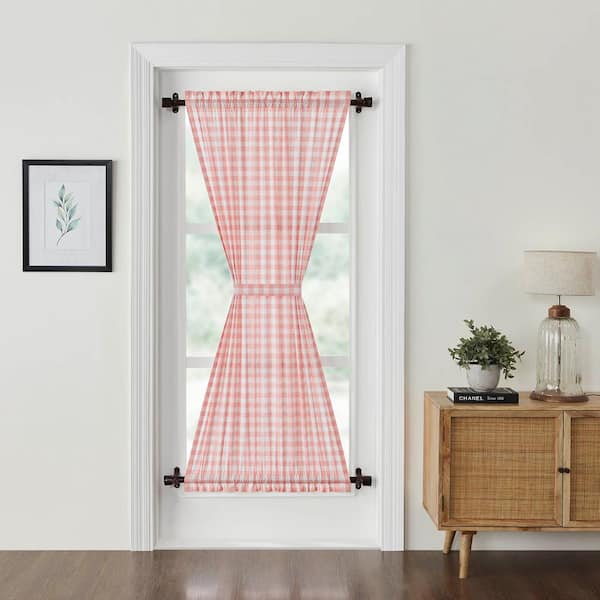 VHC BRANDS Annie Buffalo Check 40 in. W x 72 in. L Light Filtering French Door Window Panel in Coral Soft White