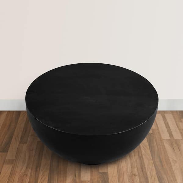 THE URBAN PORT 30 in. Matte Black Round Drum Shape Solid Mango Wood Art Coffee Table with Platform Base