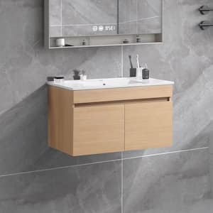 36 in. W x 18 in. D x 20 in. H Wall-Mounted Bath Vanity in Light Oak with White Ceramic Top