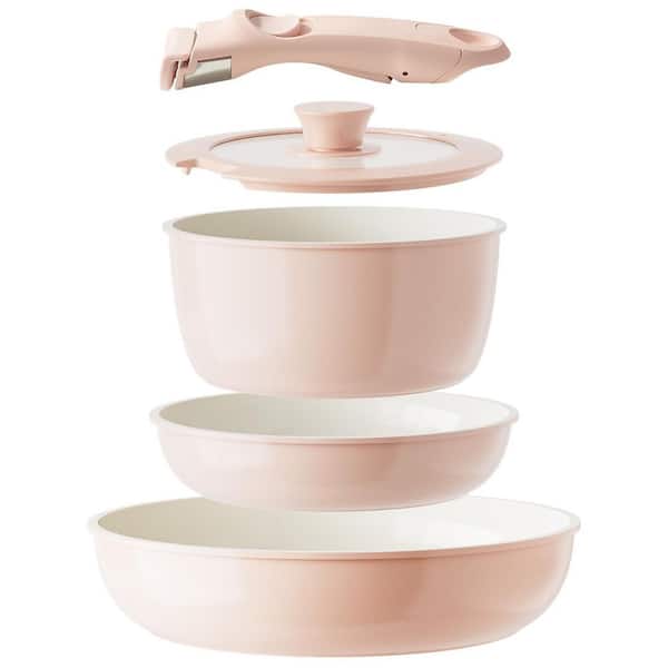 5-Piece Ceramic Nonstick Dishwasher Safe Cookware Set in Pink, Detachable Handle Pots and Pans with Lids