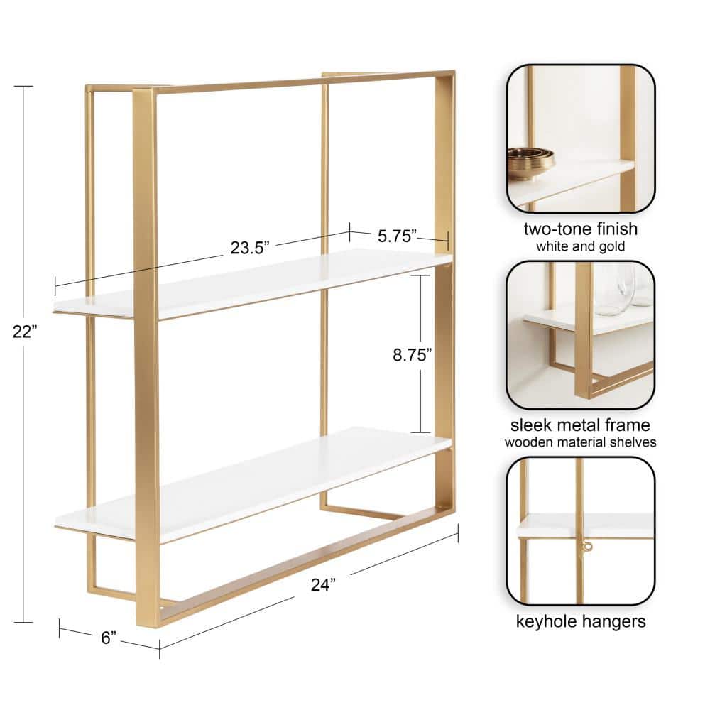 Gold and White Modern Floating Wall Shelf with Wooden Tiers