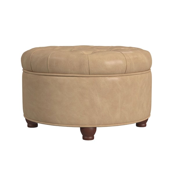 Homepop Sand Faux Leather Button Tufted Round Storage Ottoman
