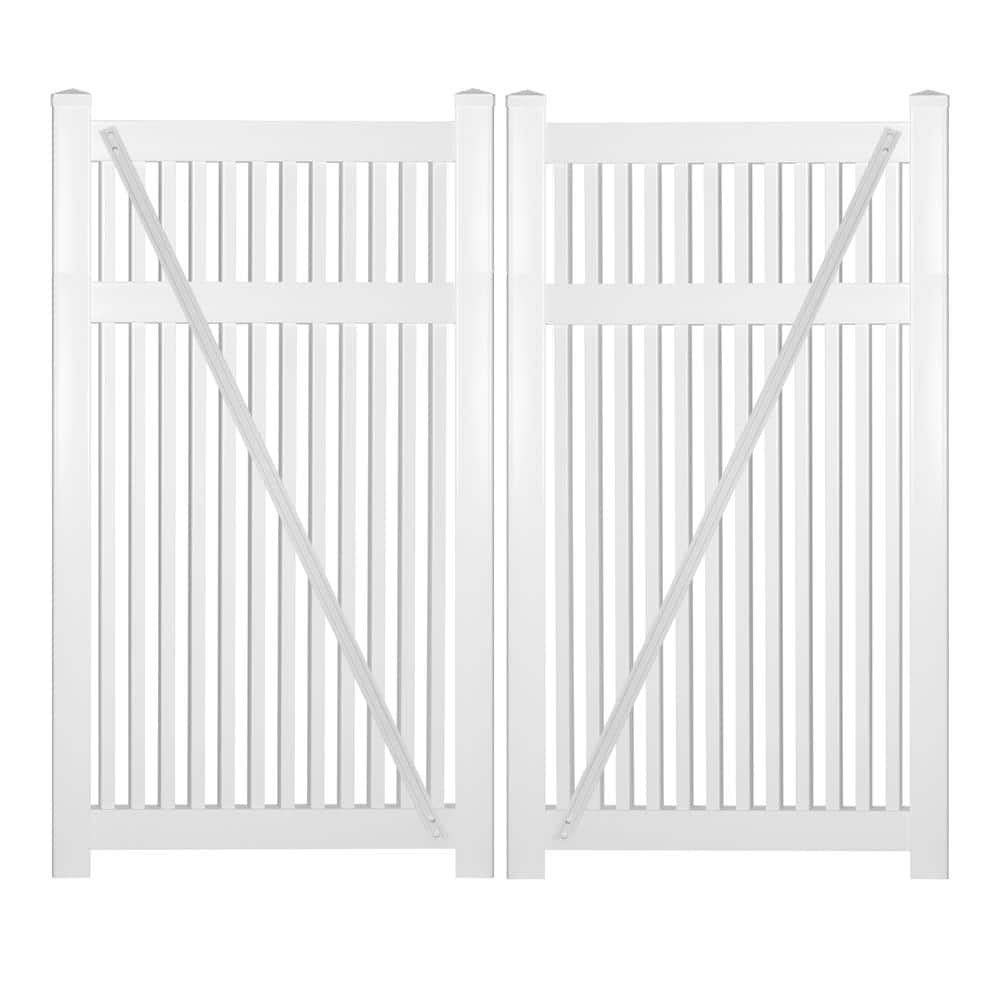 Weatherables Williamsport 10 ft. W x 5 ft. H White Vinyl Pool Fence Double Gate Kit Includes Gate Hardware The Williamsport vinyl fence double gate kit offers superior safety and security along with an attractive design. The Williamsport double gate comes with the most reliable self-closing hinges in the industry, a key-lockable safety latch, a drop rod and an aluminum insert in the bottom rail for added strength. Built to last, the Williamsport double gate is produced leveraging our exclusive, engineer-tested manufacturing process and the highest-grade materials to create the strongest, most durable, low-maintenance vinyl fencing anywhere. Easy to maintain, you'll never need to paint or stain it. The Williamsport double gate is easy to assemble, making it a perfect solution for the do-it-yourself homeowner as well as professional contractors or installers. The Williamsport vinyl double gate kit is intended for use with the Williamsport vinyl fence kit but will work with many other vinyl fences. Color: White.