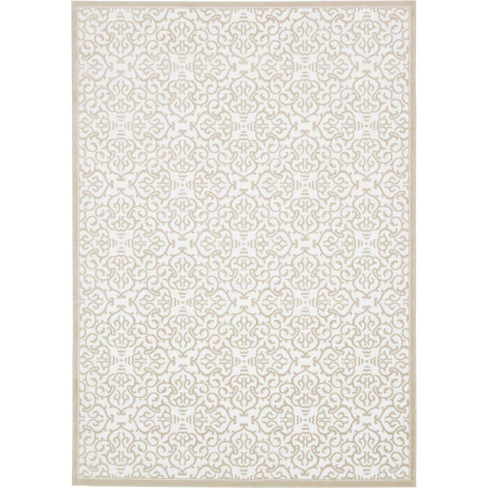 Elegant Snow White and Beige Floral Indoor Rug - 8' x 11'