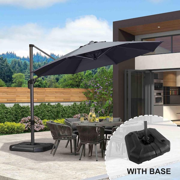 PURPLE LEAF 11 ft. Octagon Aluminum Outdoor Patio Cantilever Umbrella Offset 360° Rotation Umbrella with Base, Gray