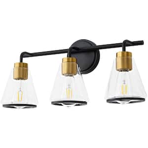 Modern 22.05 in. 3-Light Black and Gold Vanity Light with Glass Shade, Dimmable Sconces Wall Lighting for Bathroom