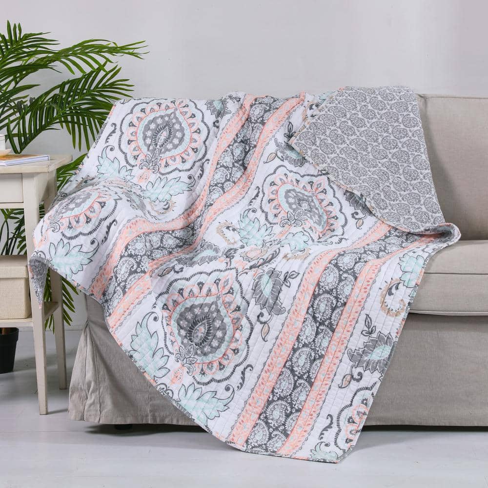 LEVTEX HOME Darcy Pink, Grey Paisley Quilted Cotton Throw Blanket ...