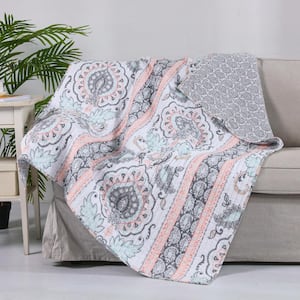 Darcy Pink, Grey Paisley Quilted Cotton Throw Blanket
