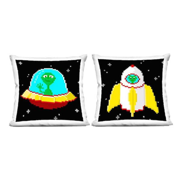 Stupell Industries Pixel Alien Spaceships Black Abstract Polyester 18 in. X 18in. Throw Pillow, Set of 2