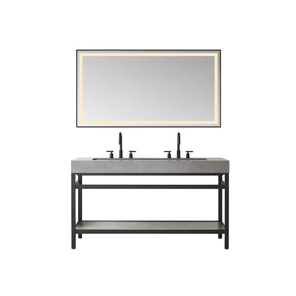 ROSWELL Lleida 60 in. W x 22 in. D x 34 in. H Single Sink Bath Vanity in Matt Black W/Grey Natural Sintered Stone Top and Mirror