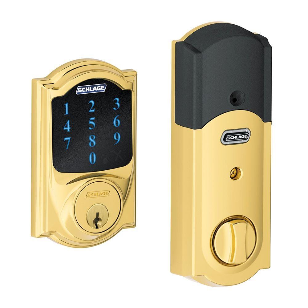 Schlage Camelot Bright Brass Electronic Connect Smart Deadbolt with Alarm -  Z-Wave Plus Enabled BE469ZP CAM 605 - The Home Depot