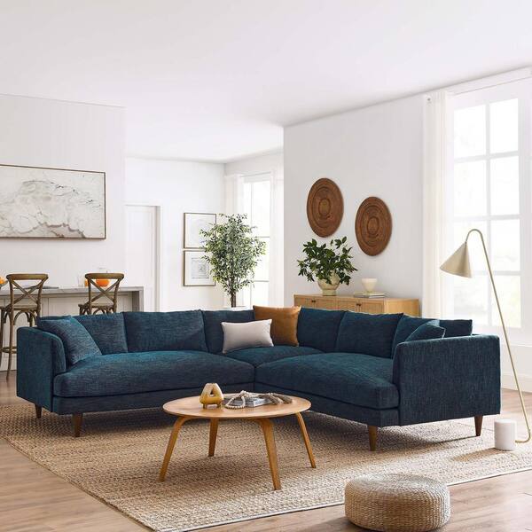 MODWAY Zoya 102 in. Square Arm 3-piece Polyester Rectangle Sectional Sofa in Heathered Weave Azure