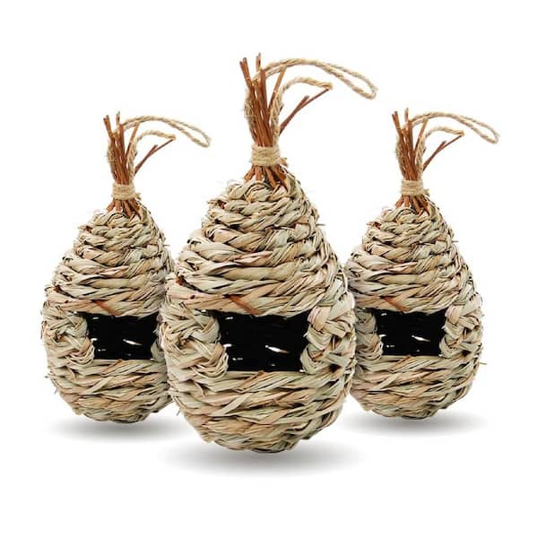 Justincity Brown Classic Grass Hummingbird Houses Jute Hanging Bird Bouse, Hand Woven Hummingbird Nest Bird House, (3-Pack)
