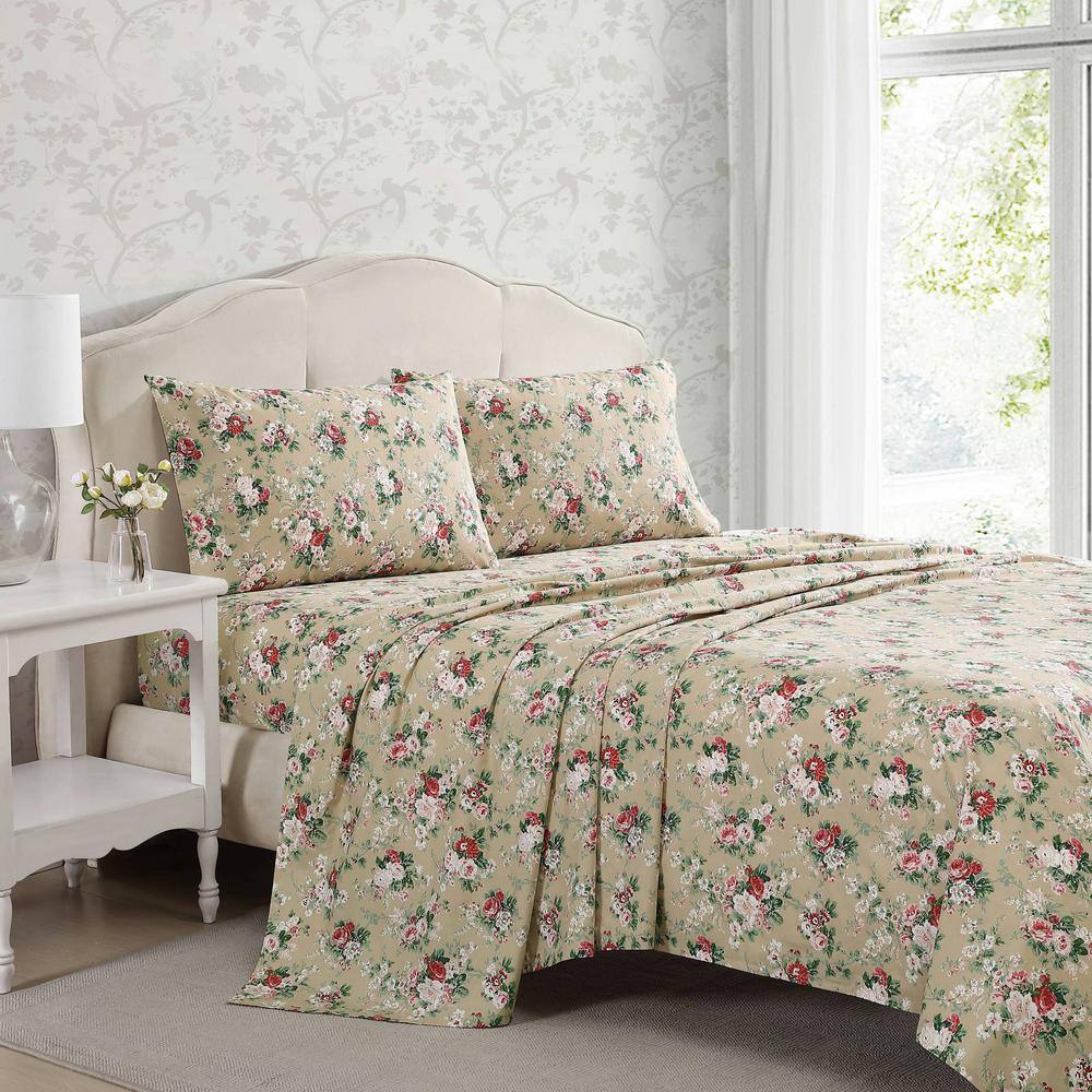 Twin Beige Floral Cotton Percale Sheet Set