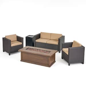 Samatar Dark Brown 5-Piece Faux Rattan Outdoor Patio Fire Pit Set with Beige Cushions