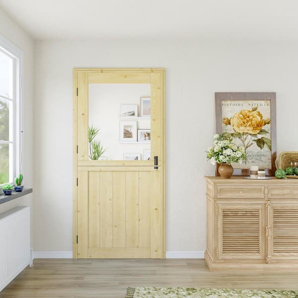 36 in. x 80 in. Unfinished Solid Pine Wood Universal 1-Lite Clear Glass Dutch Door Interior Door Slab