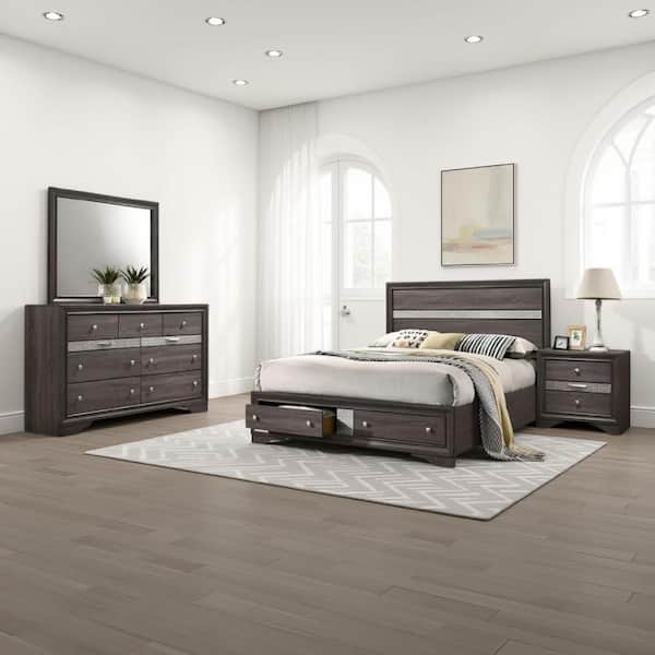Isy 4-Piece Contemporary Gray Wood King Size Bedroom Set with Silver Accent Knobs