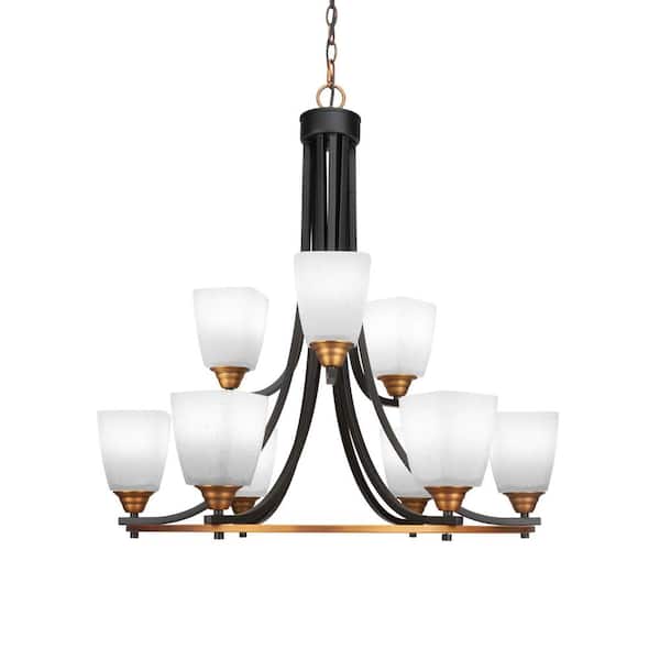 Unbranded Madison 9-Light Matte Black and Brass Round Chandelier with 4.5 in. Square White Muslin Glass Shades, No bulbs included