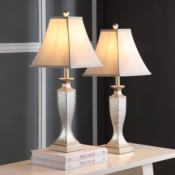 Kailey Glass Lattice 28 in. Silver Urn Table Lamp with Bavaria Silver Shade (Set of 2)