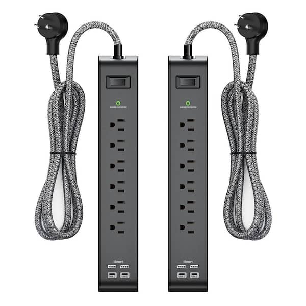 Lukyamzn 2-Pack 6-Outlet Power Strip with Surge Protection 4 USB Ports 5 ft. Flat Plug 900 Joules 15A Circuit Breaker ETL