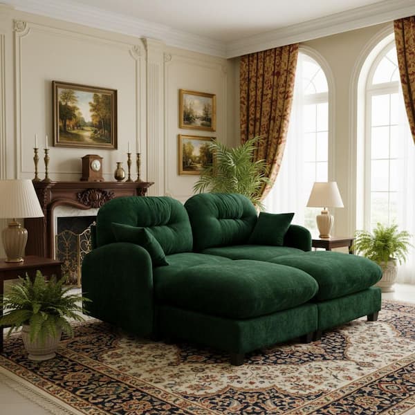 PMOB 74 in. Round Arm 4-piece Chenille Rectangle Tufted Backrest with Ottoman Sectional Sofa in Emerald Green