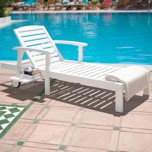 Oversized Outdoor Chaise Lounge Chair Wood with Wheels and Pull-Out Tray, White