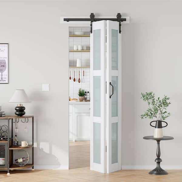 30 in. x 84 in. 3/4 Lite Frosted Glass Solid Core MDF White PVC Bi-Fold Door with Hardware