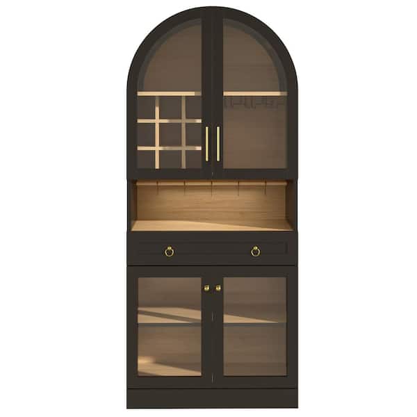 70 in. Tall Arched Bar Cabinet with Adjustable Shelf, 5 Hooks, 9 Wine Racks  &  3 Glass Holder Black Wine Bar Cabinet
