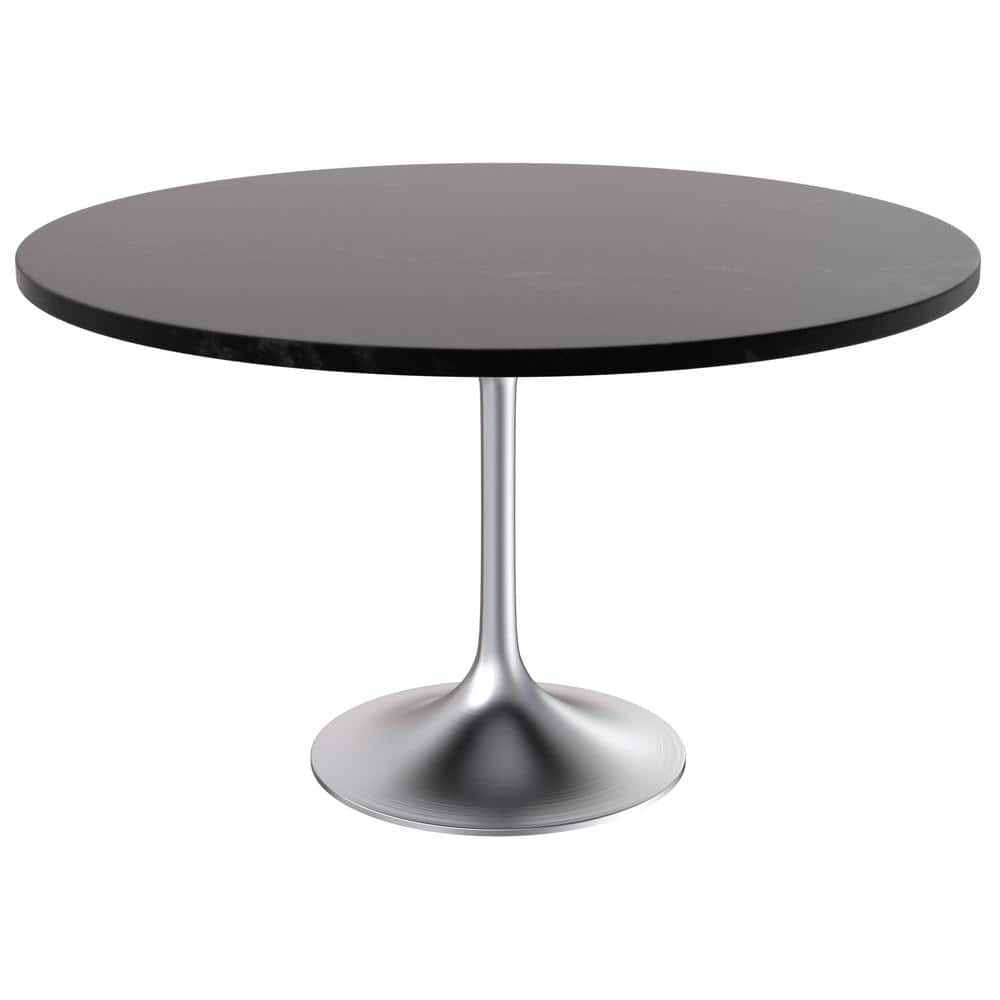 Verve Mid-Century Modern Black Wood 47.24 in. Pedestal Dining Table with MDF Top and Chrome Base, Seats 6