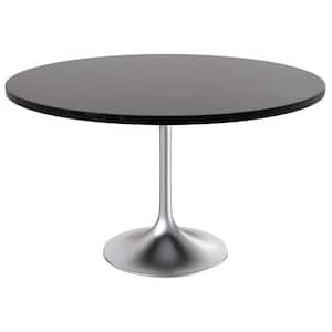 Verve Mid-Century Modern Black Wood 47.24 in. Pedestal Dining Table with MDF Top and Chrome Base, Seats 6