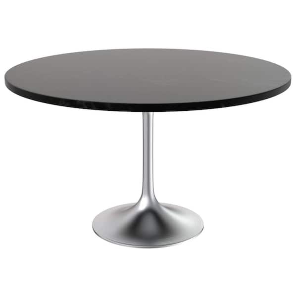 Leisuremod Verve Mid-Century Modern Black Wood 47.24 in. Pedestal Dining Table with MDF Top and Chrome Base, Seats 6