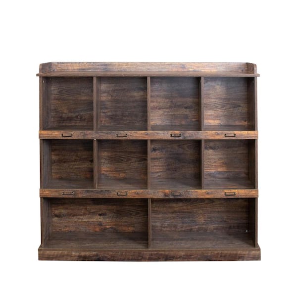 XUJMK 53 in. W x 12 in. H x 47 in. D Wood Rectangular Shelf in Brown, 10-Shelf Bookcase, Large Open Bookshelves