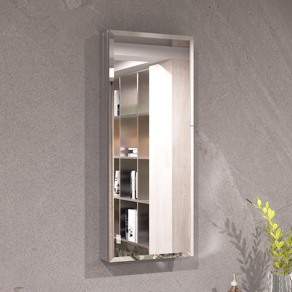 Keen 15 in. x 36 in. Framless Recessed or Surface-Mount Rectangular Aluminum Medicine Cabinet with Mirror in Silver