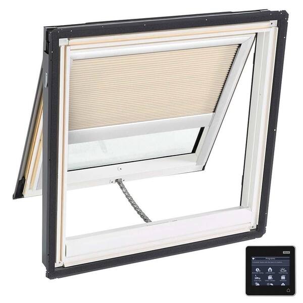 VELUX 21 in. x 26-7/8 in. Venting Deck Mount Skylight with Tempered Low-E3 Glass and Beige Solar Powered Room Darkening Blind
