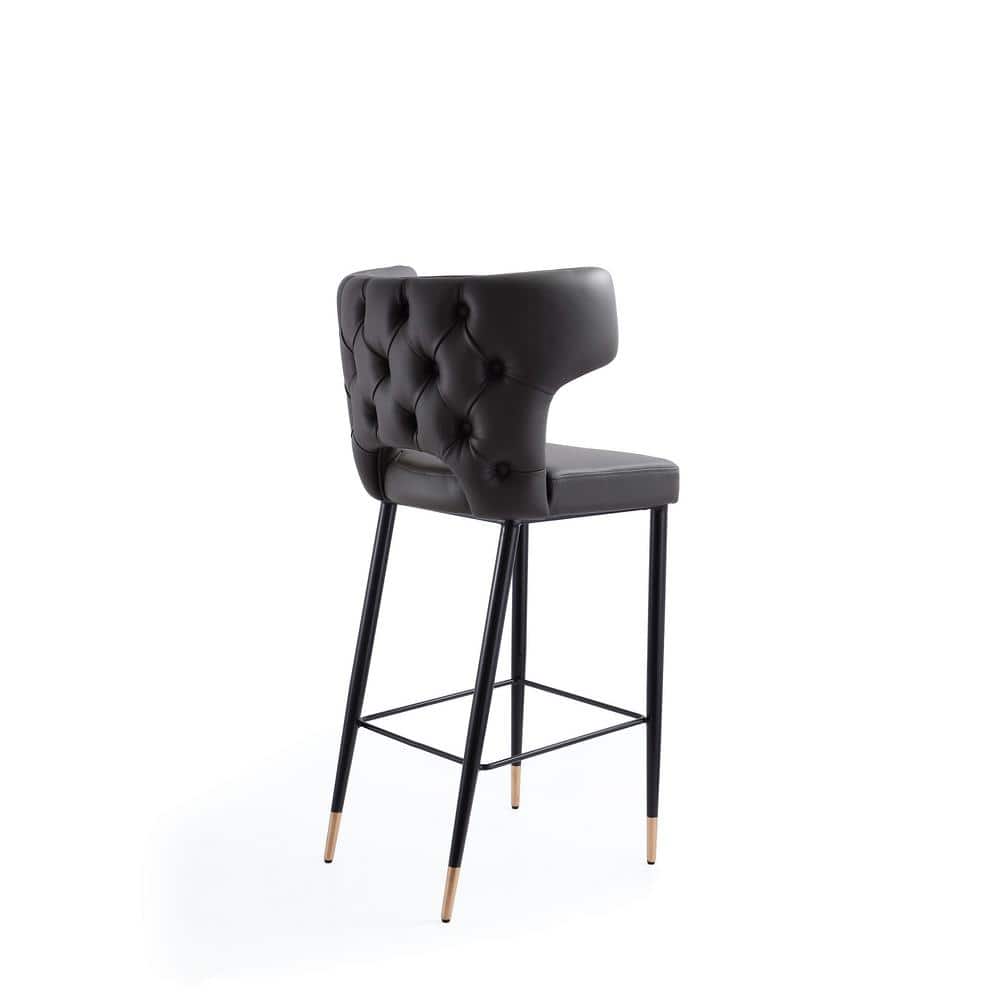 Holguin Gray Leather and Ash Wood Bar Stool with Gold Detailing