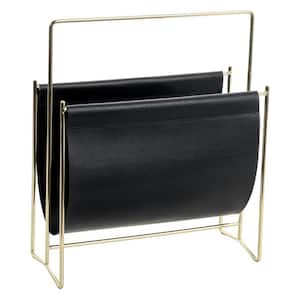 13 in. Modern Black Leatherette Magazine Holder Floor Standing Sling Style Rack with Gold Tone Metal Frame