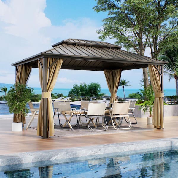 10 ft. x 14 ft. Aluminum Hardtop Outdoor Gazebo with Double Galvanized Steel Roof,Included Mosquito Netting and Curtains